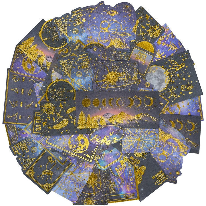 Celestial Black Gold Foil Stickers Set (60 Pieces) - Decorative Planet Moon Space Galaxy Astronomy Planner Sticker for Scrapbooking Bullet Journaling Junk Journal DIY Art Crafts Album Calendars