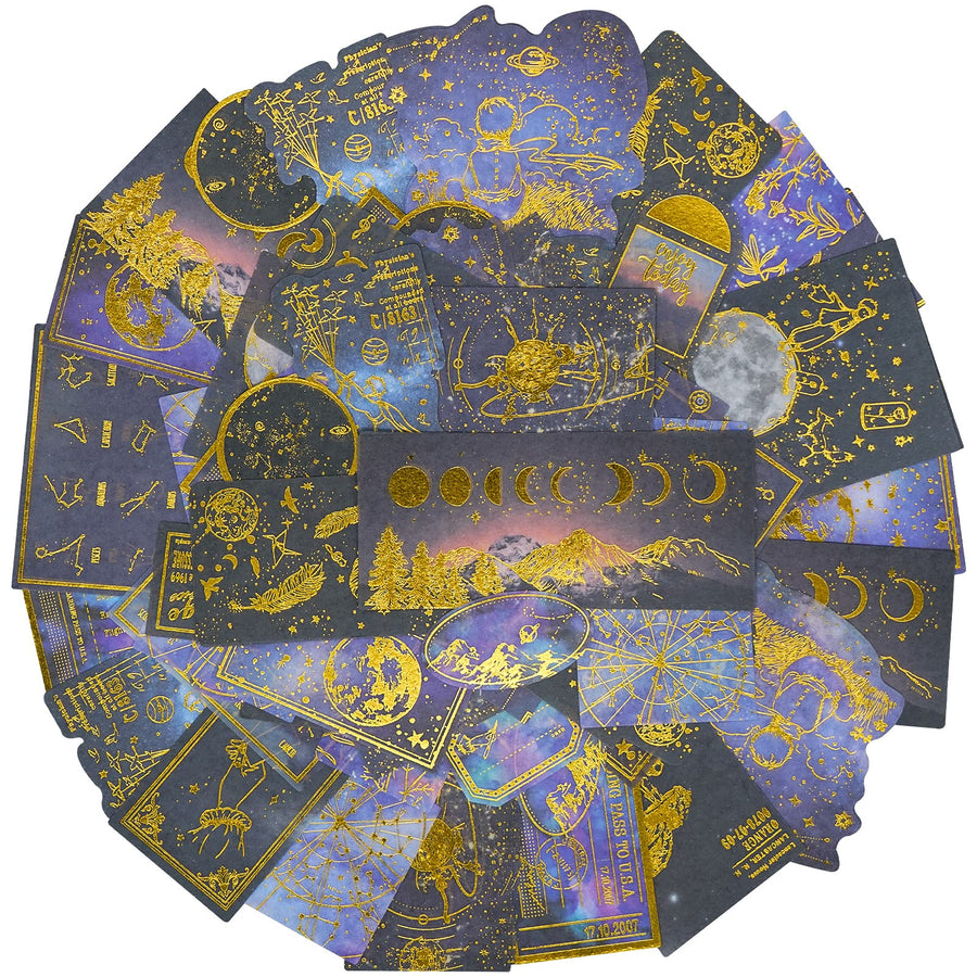 Celestial Black Gold Foil Stickers Set (60 Pieces) - Decorative Planet Moon Space Galaxy Astronomy Planner Sticker for Scrapbooking Bullet Journaling Junk Journal DIY Art Crafts Album Calendars