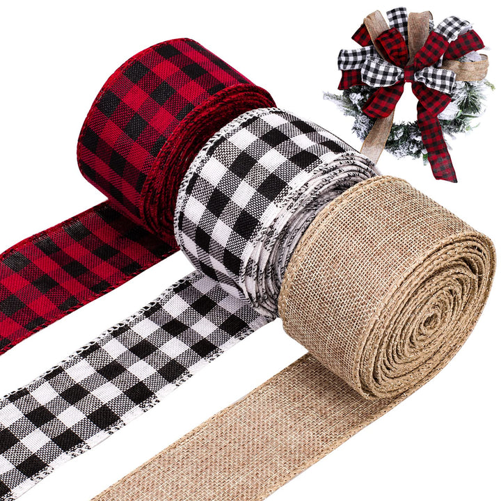 3 Rolls Wired Edge Ribbons, 30 Yards x 2 Inches Black Red Plaid Ribbon, Black White Buffalo Plaid Ribbon and Burlap Craft Ribbon for DIY Gift Wrapping, Christmas Fall Crafts Decoration