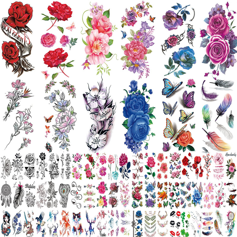 20 Sheets Flowers Temporary Tattoos Stickers, Roses, Butterflies and Multi-Colored Mixed Style Body Art Temporary Tattoos for Women, Girls or Kids