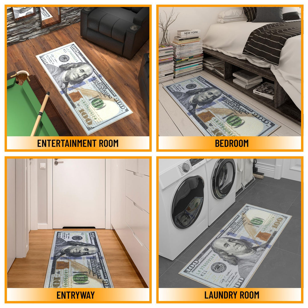 Machine Washable $100 Bill Design Non-Slip Rubberback 22x53 Modern Runner Rug for Hallway, Kitchen, Bedroom, 22 x 53, Multicolor