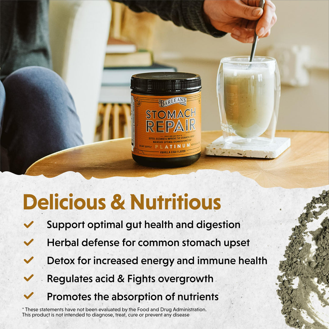 Barlean&#39;s Stomach Repair Gut Health Powder Supplement, Fiber and Digestive Support Supplements Blend for Detox and Cleanse, Vanilla Chai Drink Mix, 6.35 oz