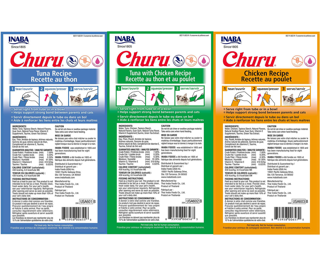 Churu Lickable Purée Natural Cat Treats Tuna &amp; Chicken 3 Flavor Assortment of 12 Tubes