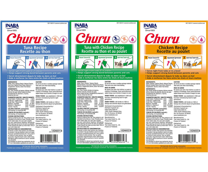 Churu Lickable Purée Natural Cat Treats Tuna &amp; Chicken 3 Flavor Assortment of 12 Tubes