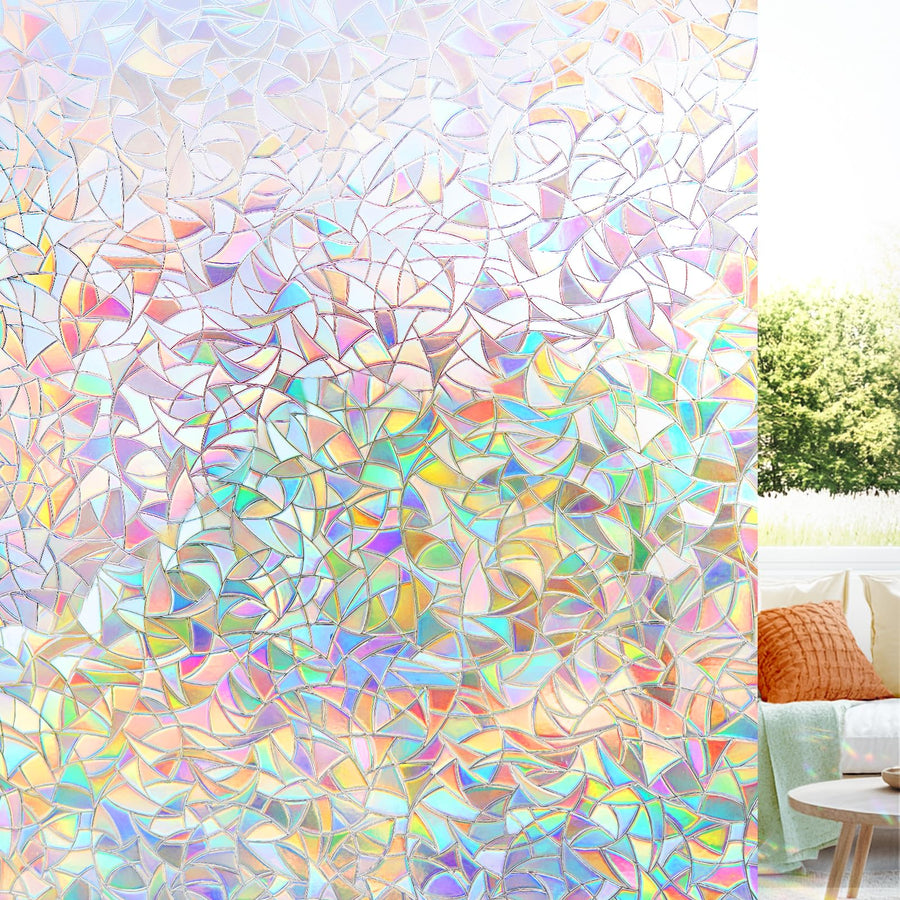 Window Privacy Film, Rainbow Window Film, 3D Decorative Stained Glass Window Cling, Static Cling Non-Adhesive Removable Window Covering, Sun UV Blocking Window Decal for Home 17.5 x 118.1 inches