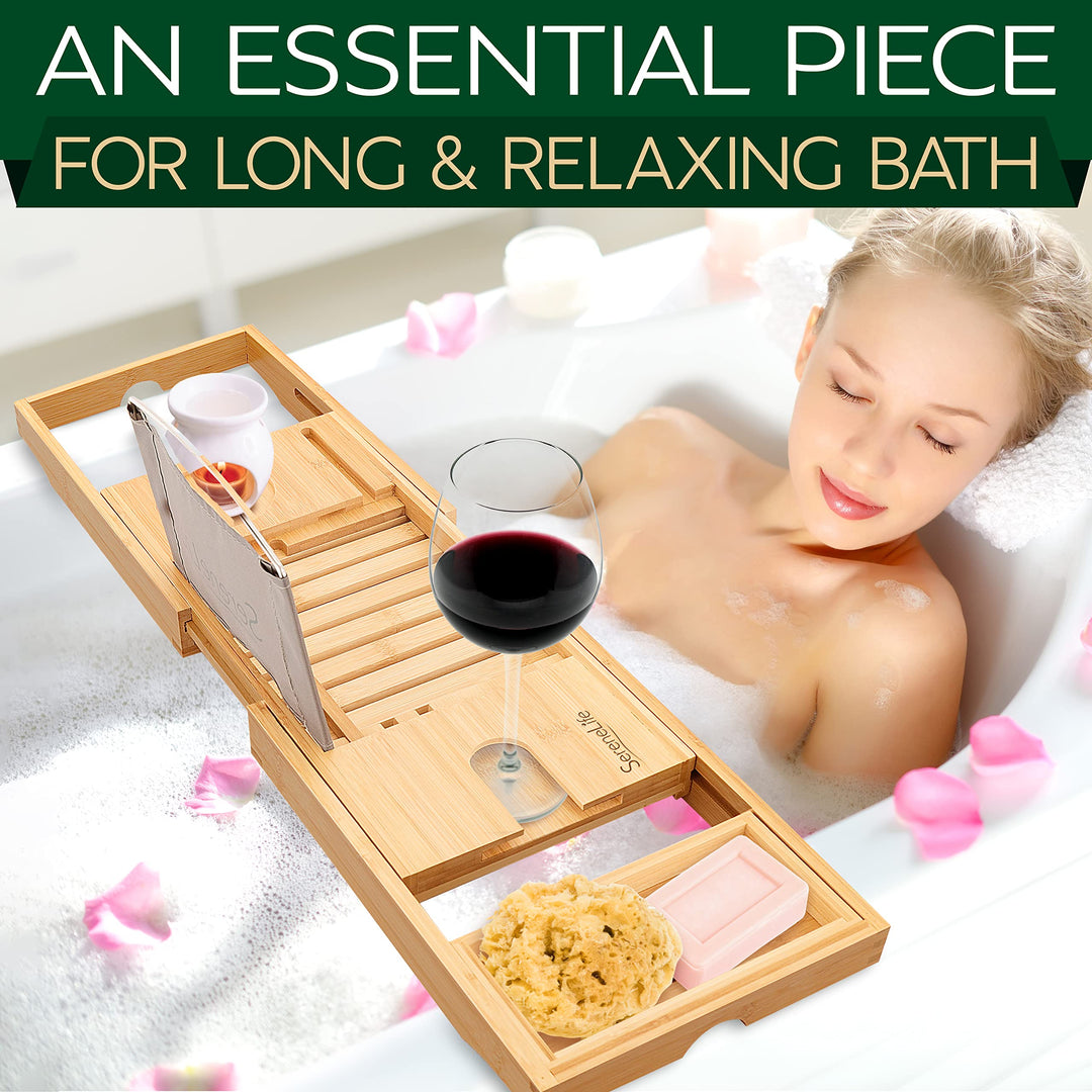 Luxury Bamboo Bathtub Caddy Tray - Adjustable Natural Wood Bath Tub Organizer with Wine Holder, Cup Placement, Soap Dish, Book Space &amp; Phone Slot for Spa, Bathroom &amp; Shower - SLBCAD20