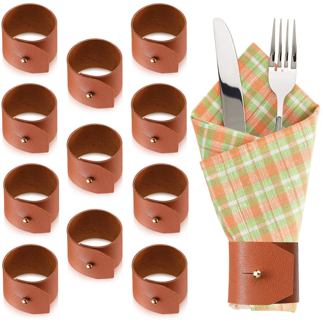 Thanksgiving Napkin Rings Set of 12 Brown Faux Leather Napkin Ring Holder for Farmhouse Fall Table Wedding Banquets Decoration Birthdays Party Supplies