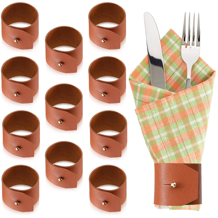 Thanksgiving Napkin Rings Set of 12 Brown Faux Leather Napkin Ring Holder for Farmhouse Fall Table Wedding Banquets Decoration Birthdays Party Supplies
