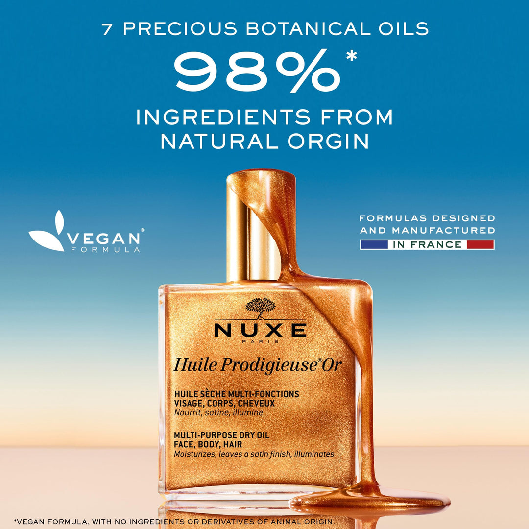 NUXE Huile Prodigieuse Shimmer Multi-Purpose Dry Oil - Luxurious Radiant Glow and Hydration for Face, Body &amp; Hair, 1.6 Fl Oz