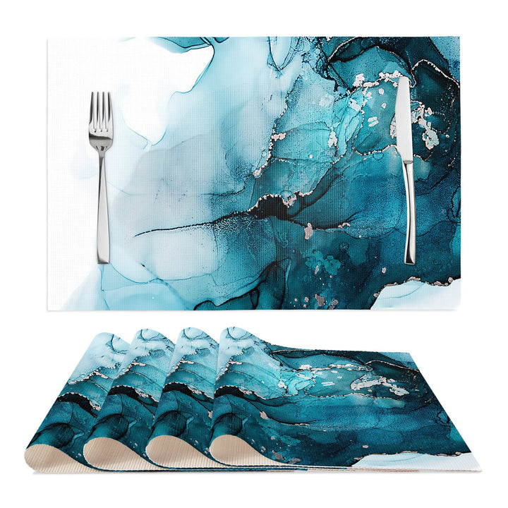Placemats Set of 4 Washable, Table Place Mats Indoor for Kitchen Dining Decorations, Easy to Cleaning Vinyl Placemats White and Blue 12 × 18 inch
