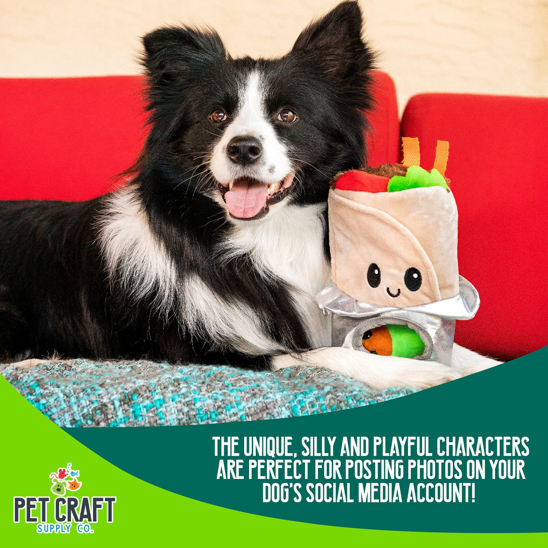 Hide and Seek Plush Dog Toys Crinkle Squeaky Interactive Burrow Activity Puzzle Chew Fetch Treat Hiding Brain Stimulating Cute Funny Toy Bundle Pack - Burrito, for Medium Breeds