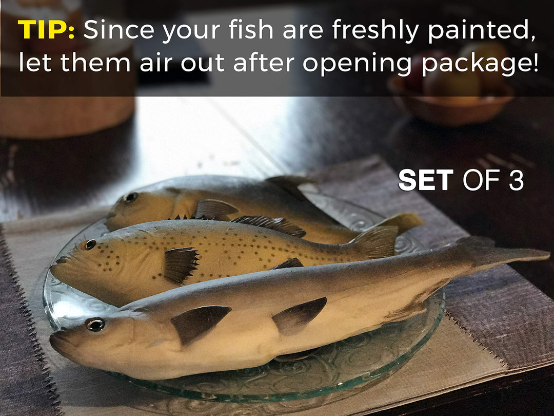 3 Large Artificial Fish- 12 to 16 in - Premium Quality - Realistic Fake Fish - Best Looking Real Fish Perfect for Food Display or Food Photography Prop - Flexible Foam Material