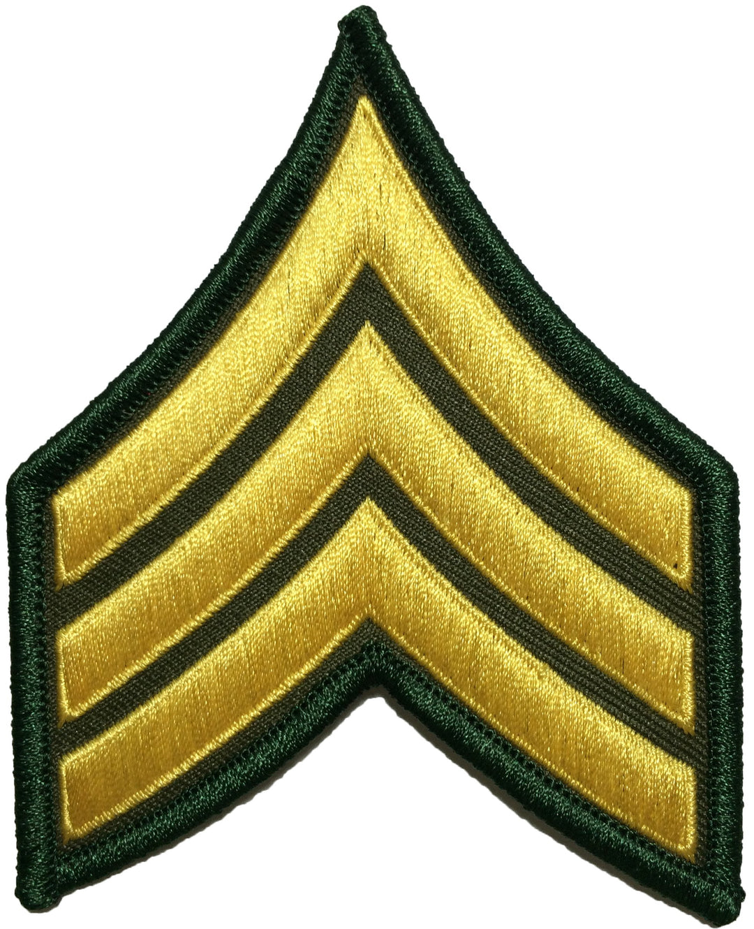 U.S. Army Sergeant E-5 Stripe Army Uniform Chevron Rank Sew on Iron on Arm Shoulder Embroidered Applique Patch - Gold on Green - By (RR-IRON-SERG-E503-GRGL)