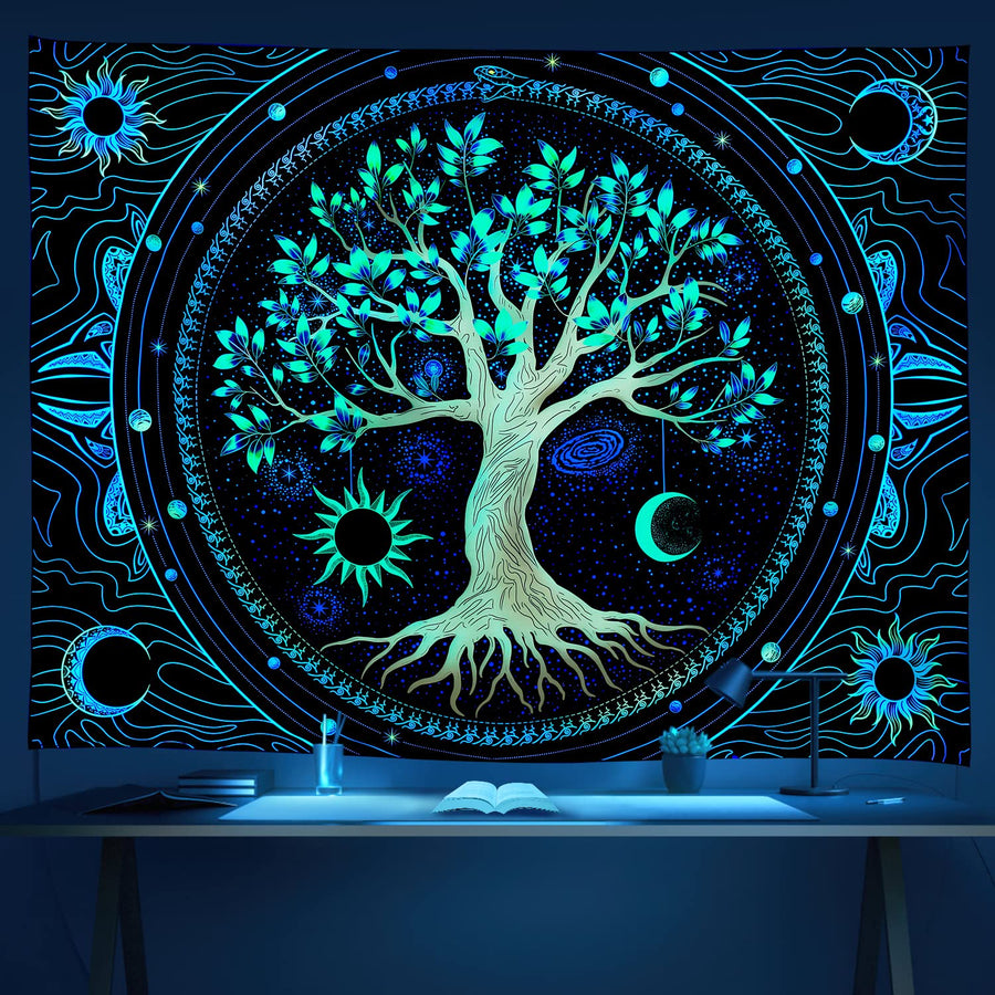 Tapestry for Bedroom Aesthetic Black Light Tree of Life Tapestry UV Reactive Colorful Trippy Wall Tapestry Hippie Sun Moon star Galaxy Tapestries Nature Home Forest Wall Hanging Decor