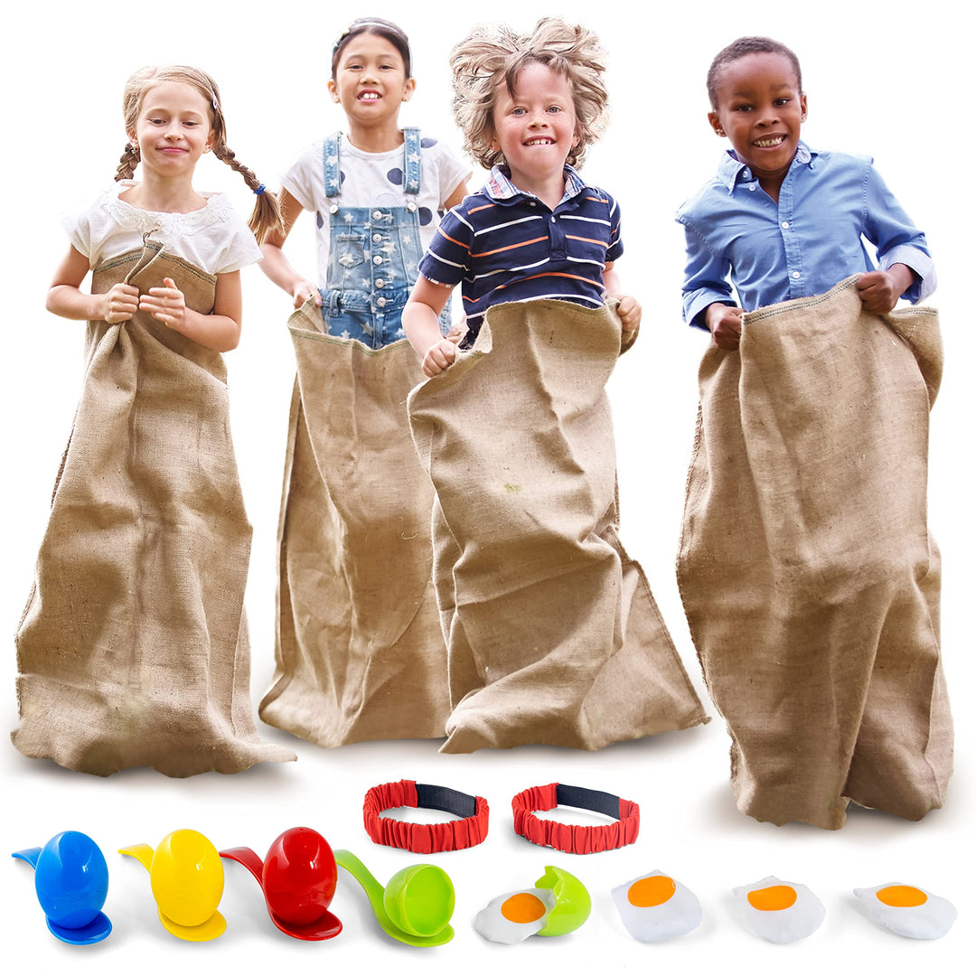 4 Player Outdoor Field Day Games, Relay Race Games, Potato Sack Race Bags, 3 Legged Race, Egg &amp; Spoon Race, with Storage Bag - BBQ, Easter Games, Birthday Party Games