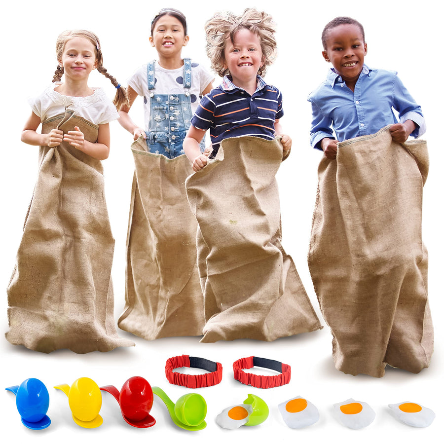 4 Player Outdoor Field Day Games, Relay Race Games, Potato Sack Race Bags, 3 Legged Race, Egg & Spoon Race, with Storage Bag - BBQ, Easter Games, Birthday Party Games