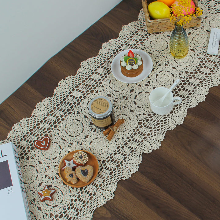Handmade Crochet Lace Rectangular Table Runner 15 x 36 Inch, Beige