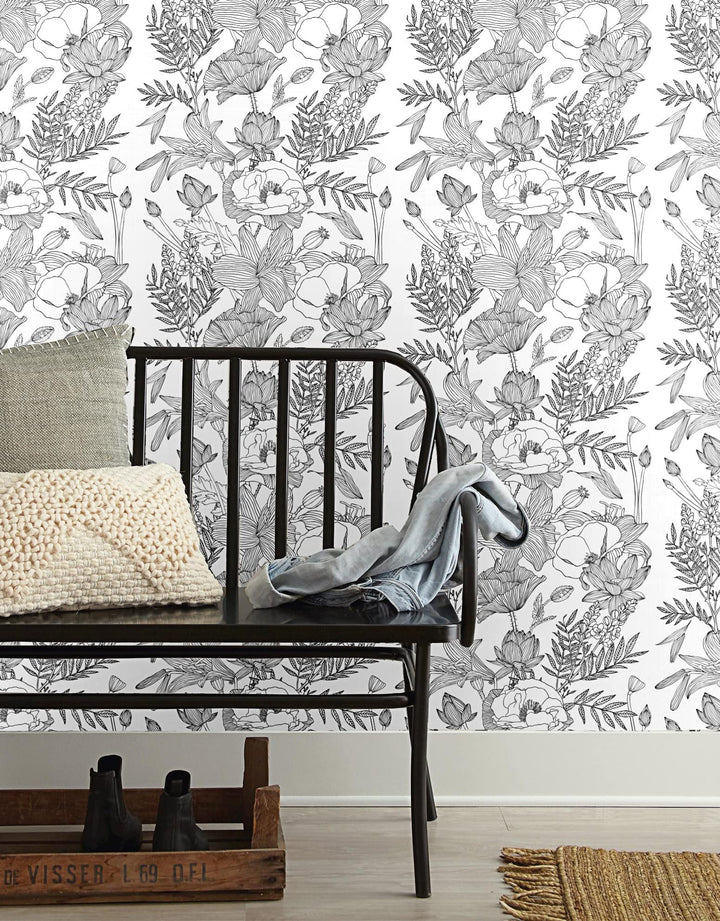 Black White Elegant Modern Lotus Lily Leaf Peel and Stick Wallpaper Self-Adhesive Prepasted Wallpaper Wall Mural Wall Decor (17.7“x118”, Black/White)