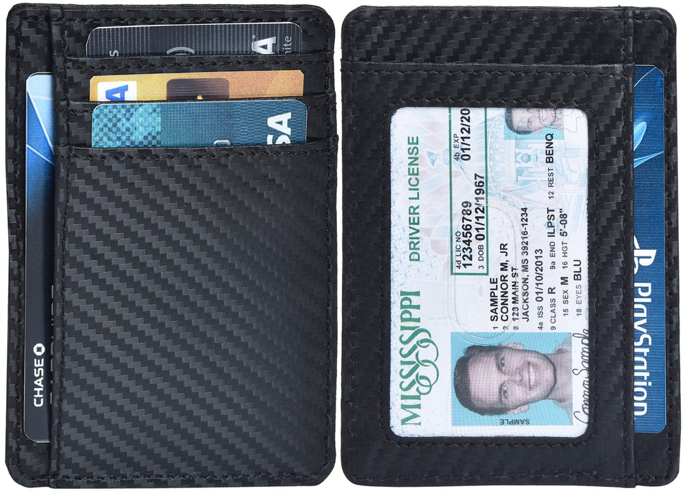 Leather Minimalist Wallet for Men & Women RFID Front Pocket Leather Card Holder Wallets (Ebony, Small)