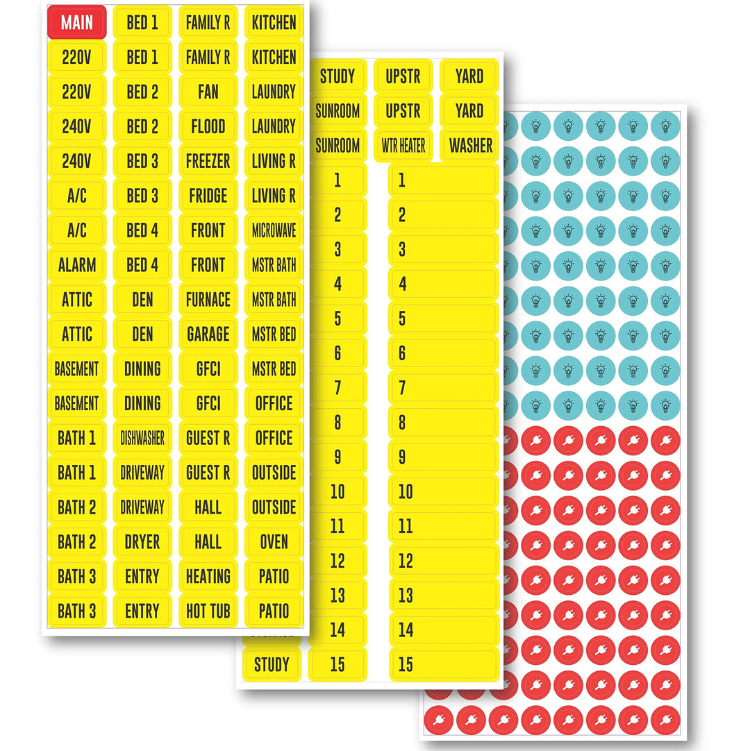 Circuit Beaker Box Sticker Labels- 3 Sheet Set Vinyl Decals for Fuse Box. Easy to Read Color Coded for Breaker Panel Boxes. Easy Identification. Weatherproof and Highly Adhesive. 129 Stickers.
