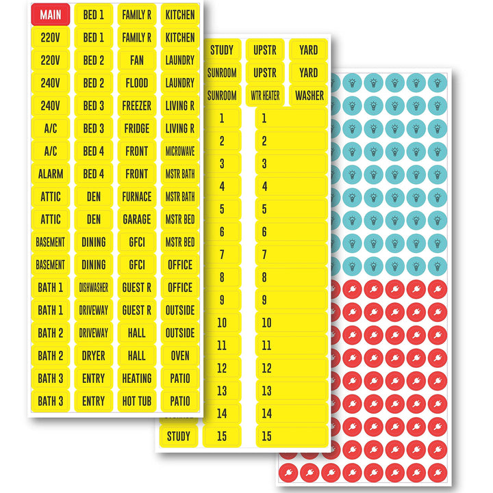 Circuit Beaker Box Sticker Labels- 3 Sheet Set Vinyl Decals for Fuse Box. Easy to Read Color Coded for Breaker Panel Boxes. Easy Identification. Weatherproof and Highly Adhesive. 129 Stickers.