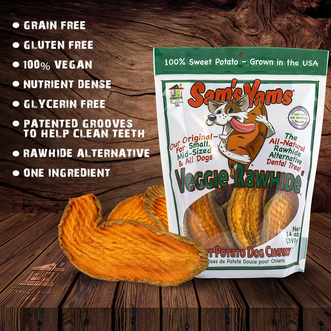 Sam&#39;s Yams Sweet Potato Dog Treats, Healthy Dog Treats for Small, Medium, and Large Breed Dogs - Made in USA, High Fiber, Vegan Dental Chews - Veggie Rawhide, Sweet Potato Dog Chewz, 14oz(Pack of 3)