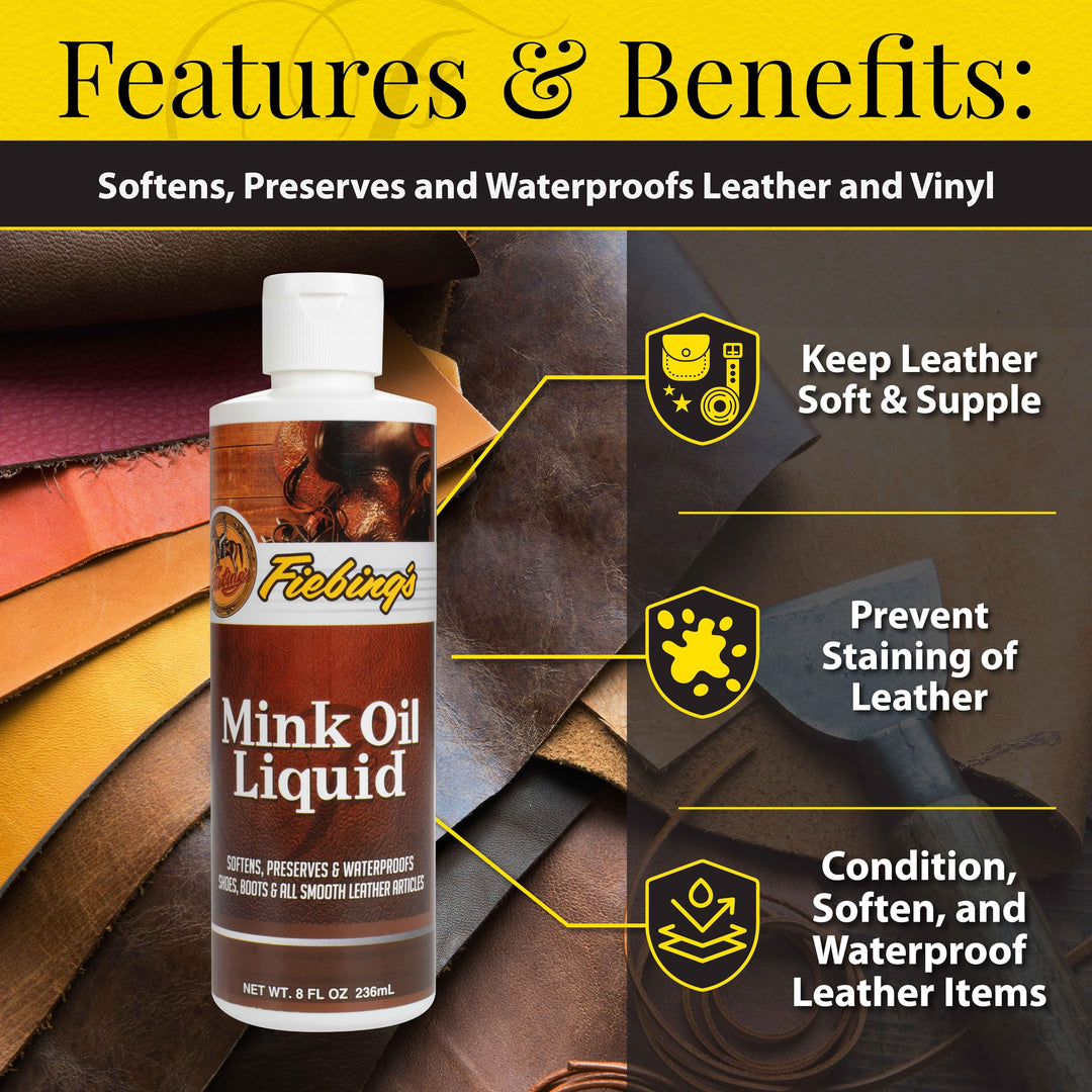 Fiebing&#39;s Liquid Mink Oil for Leather Boots (8 fl oz) - Leather Cleaner &amp; Conditioner - Waterproof, Preserve, Soften All Smooth Leathercraft &amp; Vinyl - Prevents Salt Stains - Use On Couch, Shoe, Purse