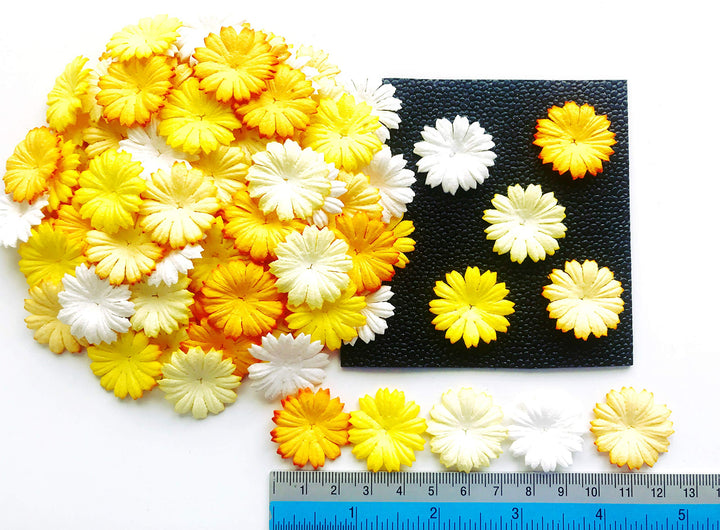 Tyga_Thai TH 50 pcs. Daisy Paper Flowers 25 mm. Mixed Tone Yellow Petal Flower die cuts Mulberry Paper Flower Craft Handmade Wedding Scrapbook for so Many Card Craft Projects Yellow, White Small