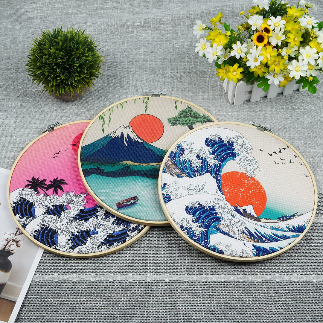 3 Pcs Japanese Wall Art Great Wave Sunset Canvas Art Prints with Frame, Sunrise Lake Landscape Nature Wall Art Painting with Hanging Roping and Nails Wall Hanging for Room(12x12 inches)