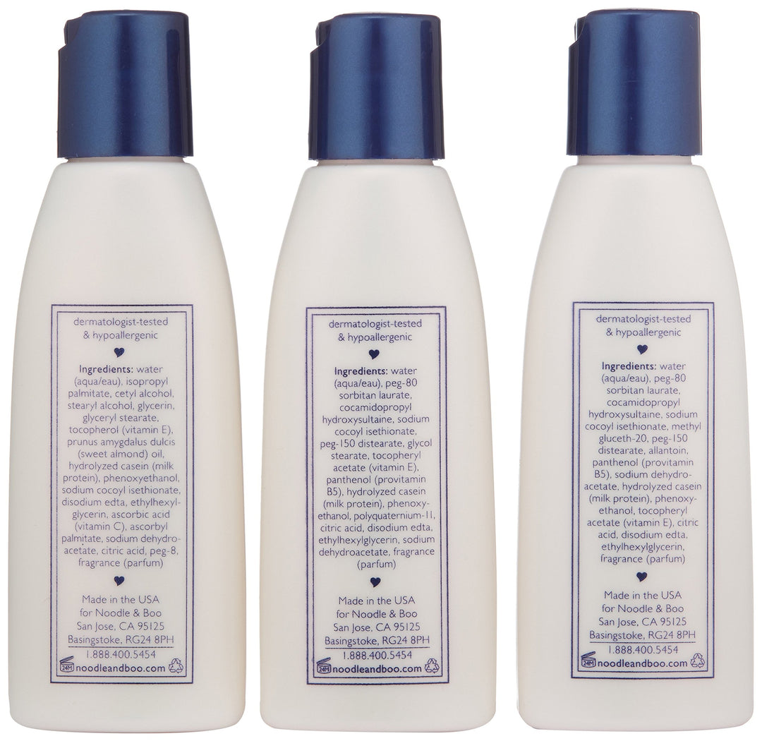 Noodle & Boo Essential Care 3 Piece Kit Super Soft Baby Lotion(2 Oz), Extra Gentle Shampoo(2 Oz) and Soothing Body Wash(2 Oz)