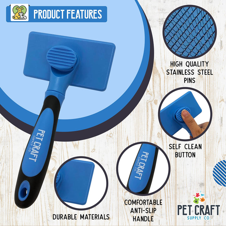 Self Cleaning Grooming Slicker Pet Brush for Cats and Dogs Short Long Haired Fur Small Medium Large Metal Pin Bristle Comb Undercoat DeShedding DeMatting Detangler Puppy Kitten Blue