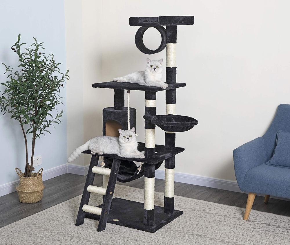 - 62 Tall Cat Tree - Cat Tower with Scratching Post - Cat Tower for Indoor Cats - Multi-Level Condo, Hammock, Basket Bed - Black
