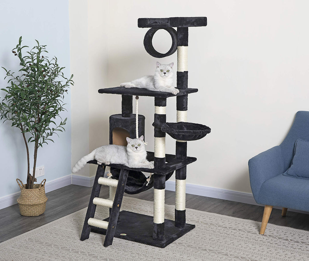 - 62 Tall Cat Tree - Cat Tower with Scratching Post - Cat Tower for Indoor Cats - Multi-Level Condo, Hammock, Basket Bed - Black