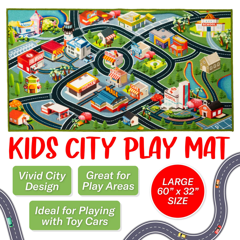 Kids Car Rug Play Mat - Vibrant Kids Carpet for Toy Cars, Road Rug Adventures in Toddler Room - Durable, Non-Slip & Easy Clean