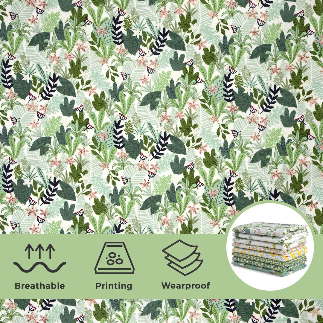 8pcs Fat Quarter Fabric Bundles 19.6&#39;&#39; x 19.6&#39;&#39;(50cm x 50cm) Cotton Craft Fabric Pre-Cut Squares Sheets for Patchwork Sewing Quilting Fabric(Green Floral)