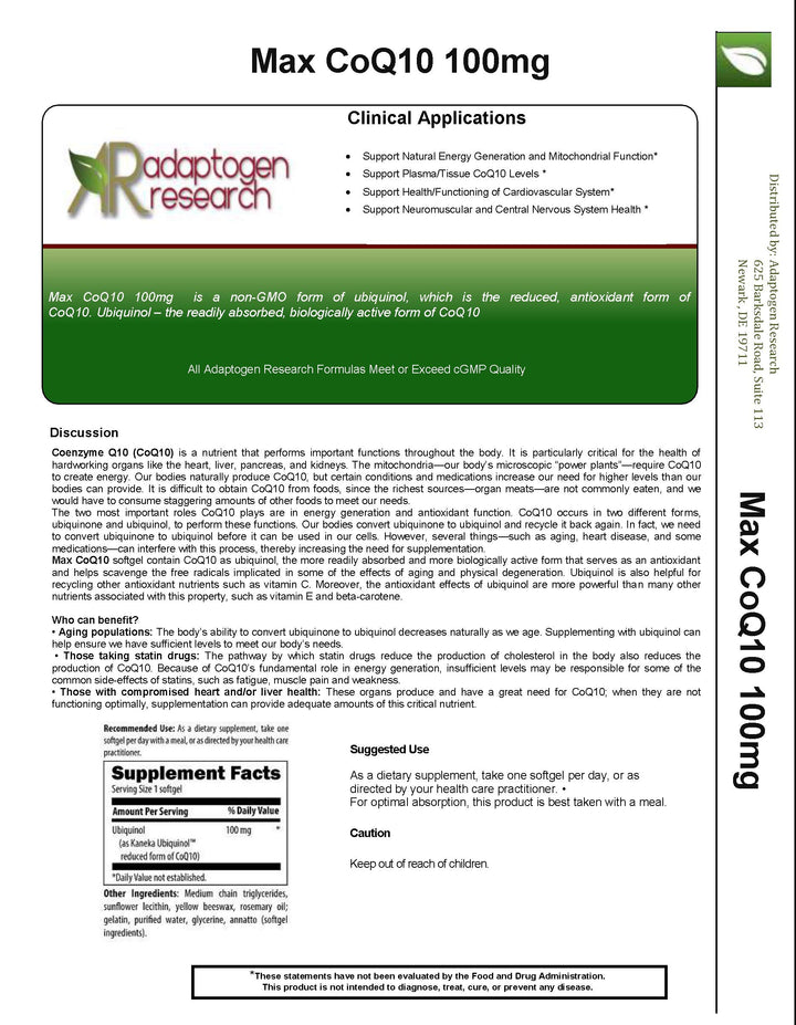 Max CoQ10 100mg | Biologically Active Coenzyme Q10 Kaneka Ubiquinol | Crystal Free High Dose | Readily Absorbed Supplement | 60 Softgels |