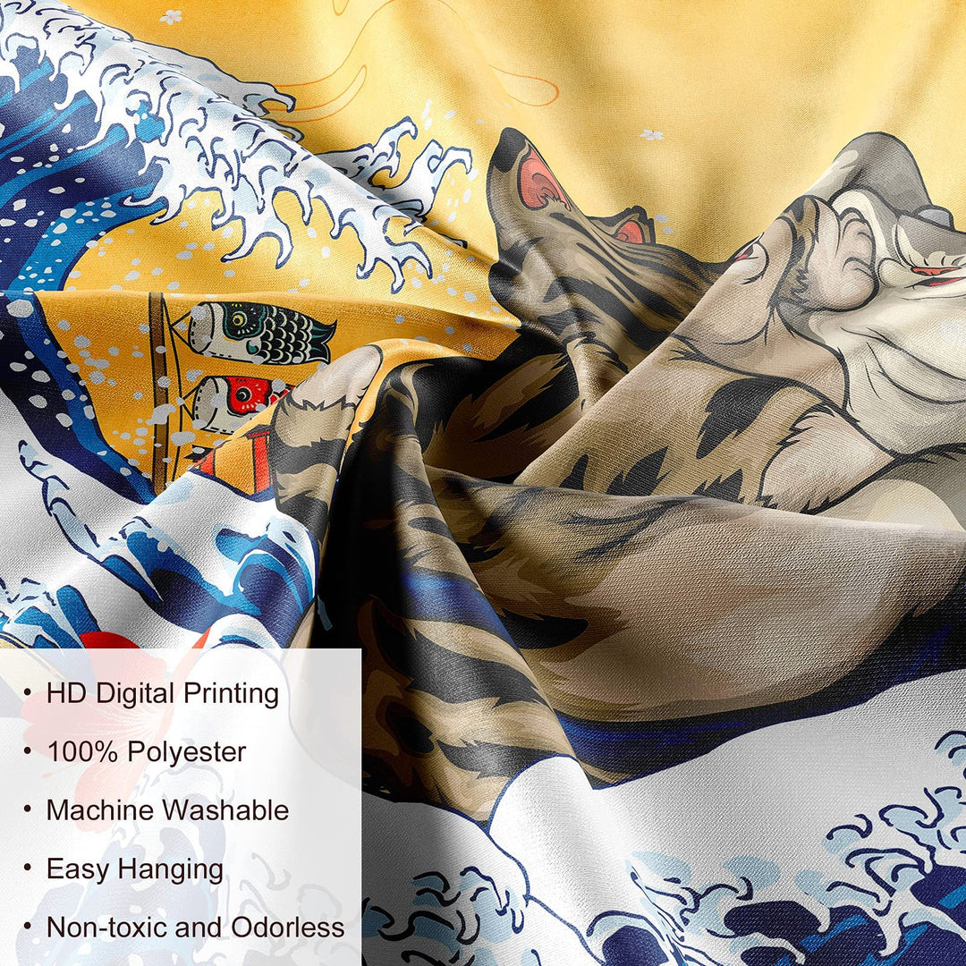 Japanese Cat Tapestry Sunset Wave Tapestry Mount Fuji Nature Tapestry, for Great Wave Tapestry for Bedroom Living Room Dorm (Yellow, 50x60 Inches)