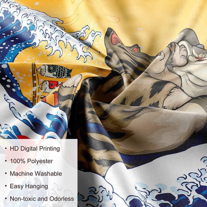 Japanese Cat Tapestry Sunset Wave Tapestry Mount Fuji Nature Tapestry, for Great Wave Tapestry for Bedroom Living Room Dorm (Yellow, 50x60 Inches)