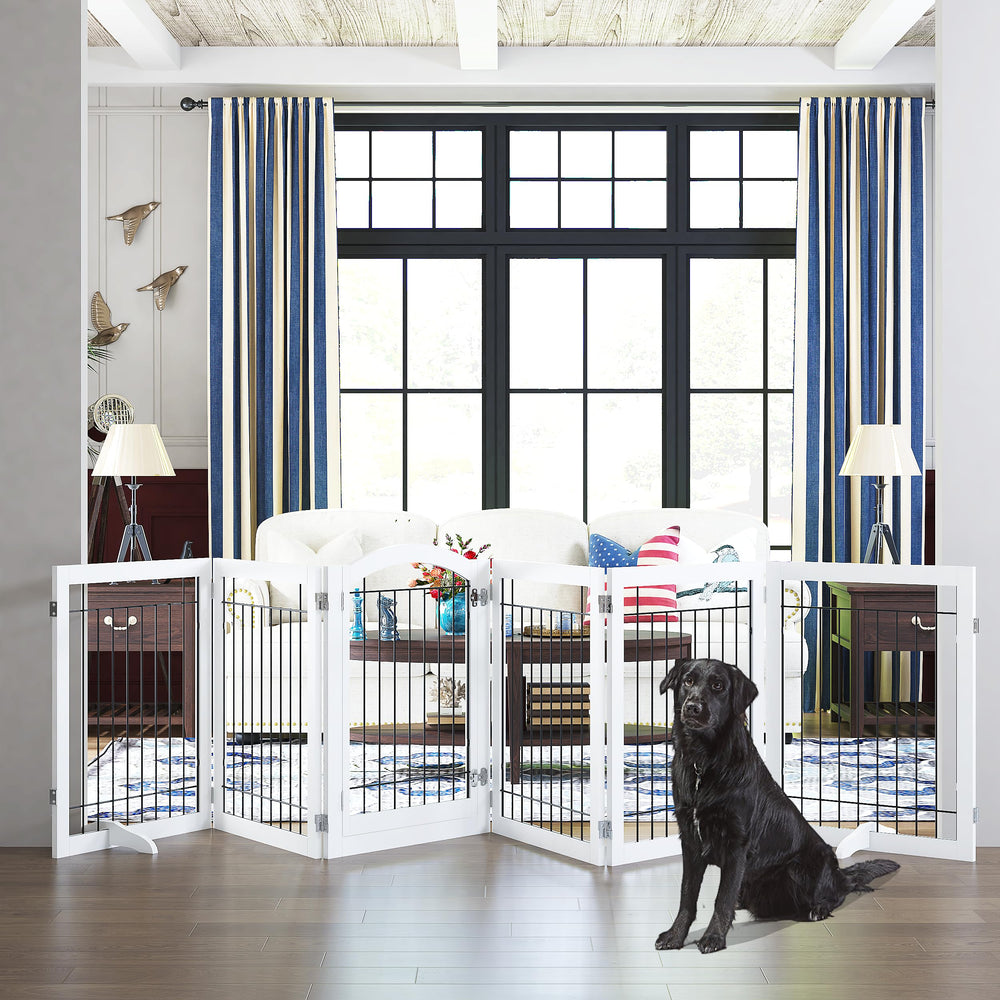144-inch Extra Wide 30-inches Tall Dog gate with Door Walk Through, Freestanding Wire Pet Gate for The House, Doorway, Stairs, Pet Puppy Safety Fence, Support Feet Included, White,6 Panels