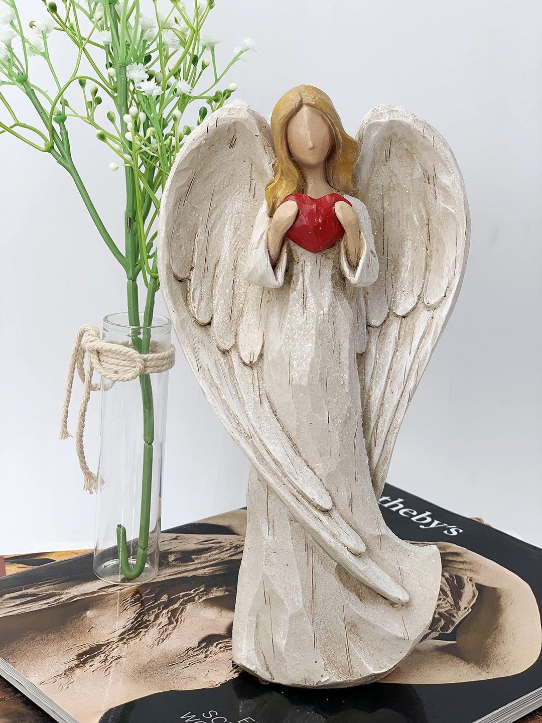 8.9inch Resin Praying Angel Sculpture Figurine for Gifts Home Decoration Praying commemorating Angel Statue, exquisitely Carved and Hand-Painted Characters (with Hear)
