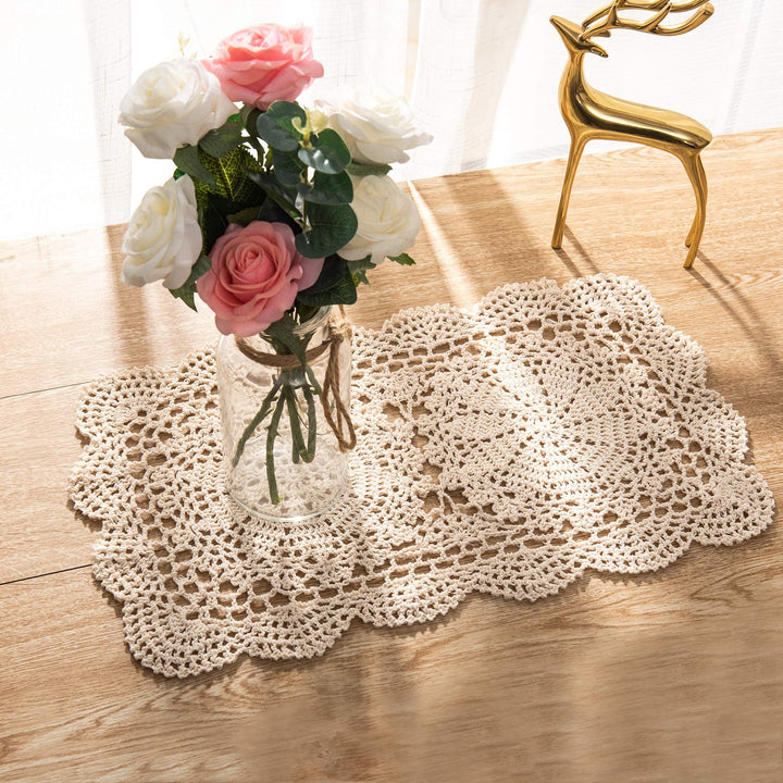 Handmade Rectangle Doilies, 2-Piece Handmade Crochet Cotton Doilies Lace Table Crochet Placemats Coaster 10.6x16.9 inch (Beige)