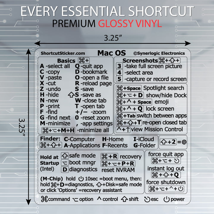 Mac OS Shortcuts Sticker | Mac Keyboard Stickers for Mac OS | No-Residue Laminated Vinyl MacBook Stickers for Laptop | MacBook Shortcut Stickers for 13-16 Air and Pro (Clear/Black)