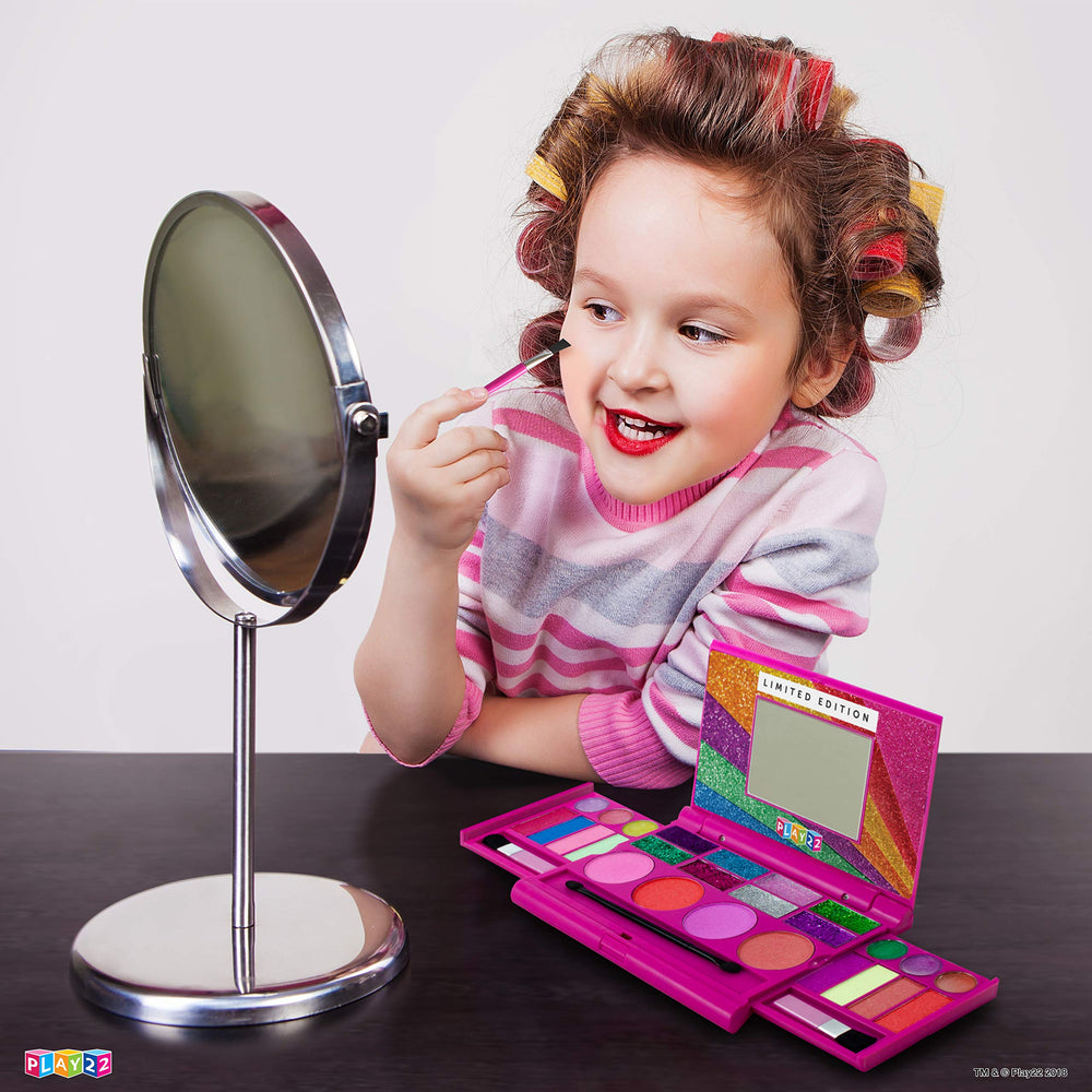 Real Washable Kids Makeup Palette For Girl - My First Princess Make Up Set Include 4 Blushes, 8 Eyeshadows, 6 Lip Glosses, 8 Glitter Glaze, Mirror, Brushes, Eyeshadow Wand - Best Gift