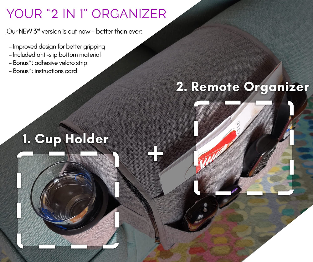 Couch Cup Holder Caddy - Armchair Caddy Remote Control Holder Armrest Organizer Recliner Cup Holder Non Slip Arm Chair Couch Cup Holder 6 Storage Pockets wt Drink Caddie Gray (8 Inches)