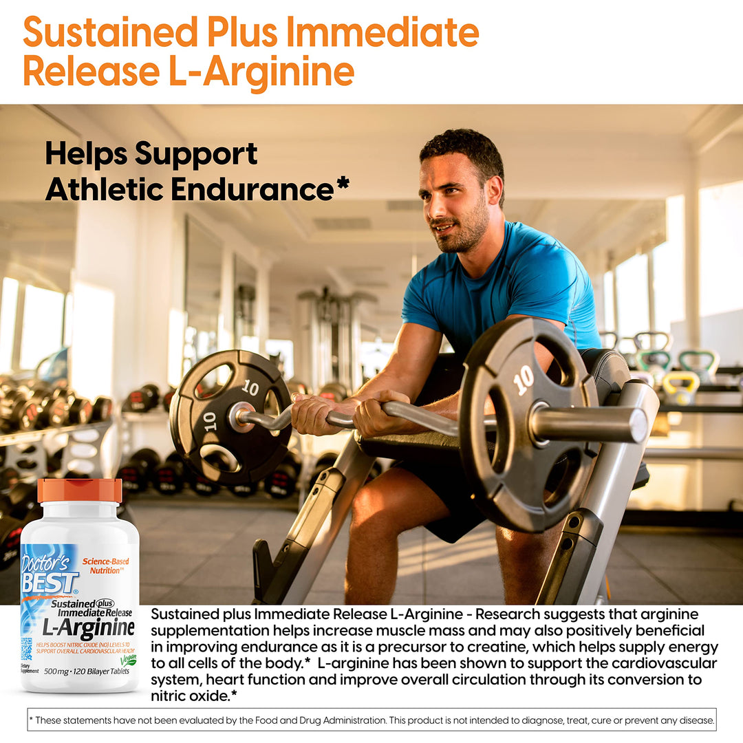 Doctor&#39;s Best Sustained Plus Immediate Release L-Arginine, Non-GMO, Vegan, Gluten &amp; Soy Free, 500 mg, Tablet, 120 Count
