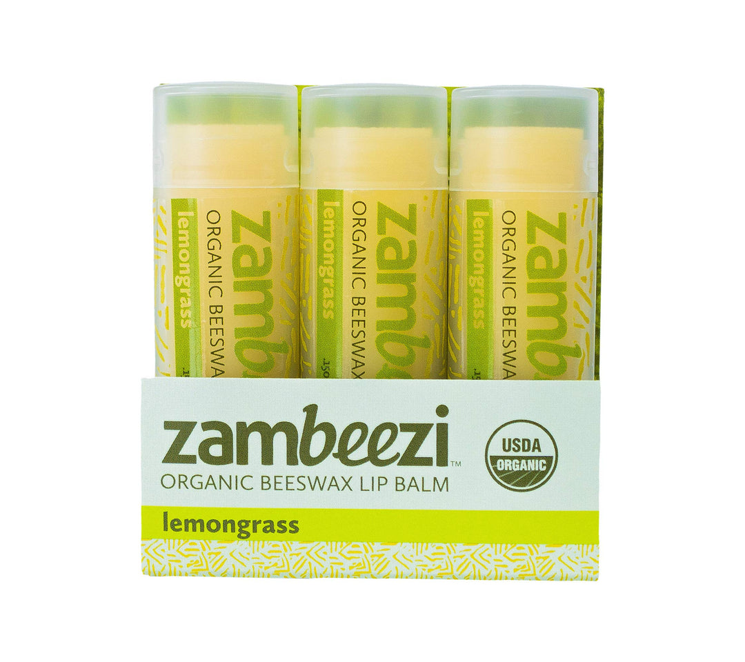 Beeswax Lip Balm by ZAMBEEZI - Lemongrass 3 pack - Crafted with USDA Certified Organic, Fair.