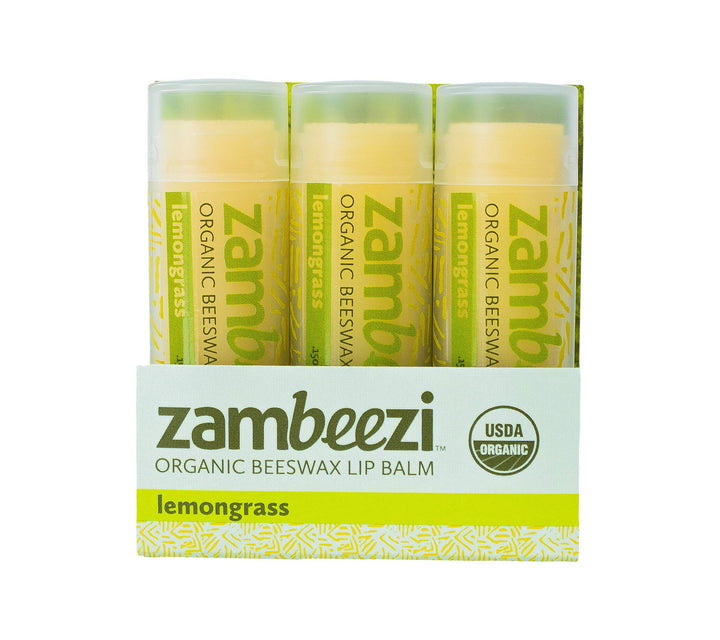 Beeswax Lip Balm by ZAMBEEZI - Lemongrass 3 pack - Crafted with USDA Certified Organic, Fair.