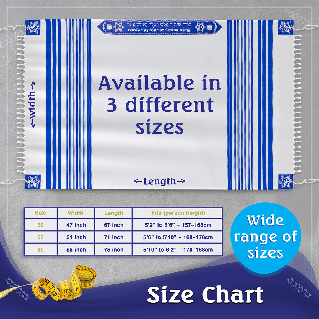 Large Tallit Prayer Shawl with Matching Bag, Certified Kosher, With Blessing On Neckband &amp; Uniq Design on the Corners, Made in Israel, Soft Tallit Prayer Shawl For Men &amp; Women - Blue, 55 - H51 x W71