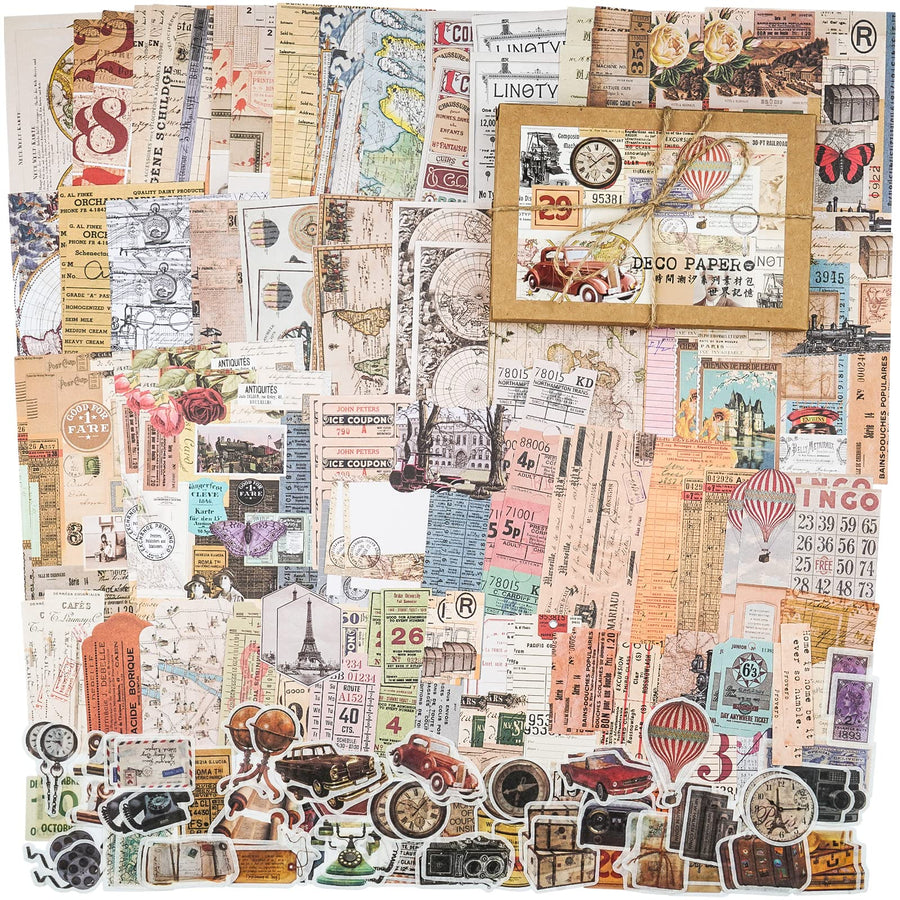 200 Pieces Vintage Ephemera Pack Decoupage Paper Junk Journal Kit Scrapbook Planner Sticker Supplies for Art Journaling Bullet Journals Collage Notebooks Album Crafter Gifts (World Memory)
