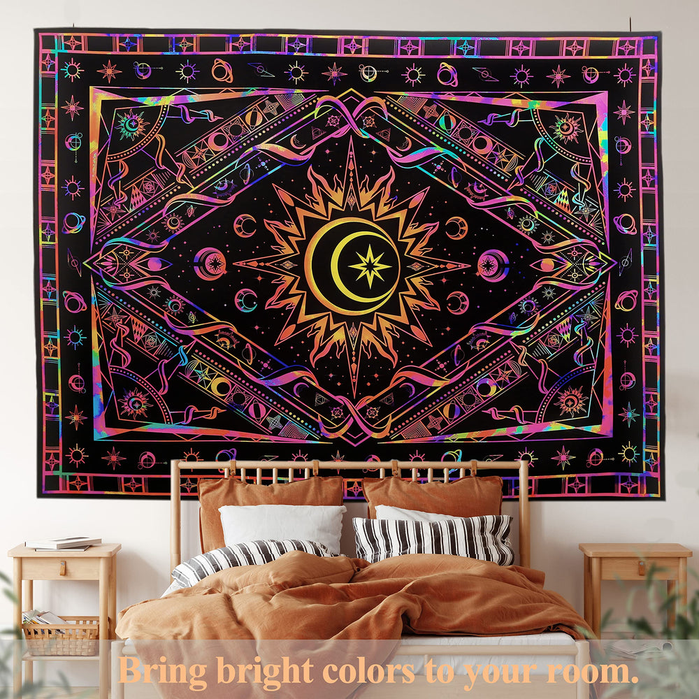 Tapestry for Bedroom Aesthetic Room Decor Wall Tapestry Blacklight Tapestry UV Reactive Black Light Posters Colorful Backdrop Glow in the Dark Hippie Boho Tapestries for Bedroom Burning Sun